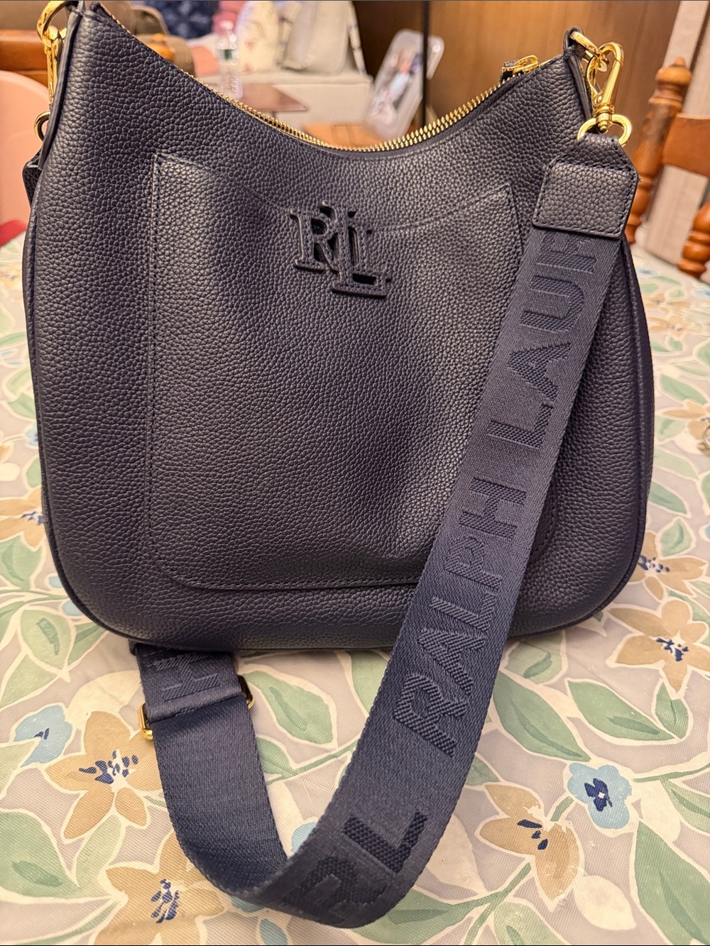 Ralph Lauren Pebbled Leather Shoulder Hobo in Navy with Logo Strap - Picture 3 of 5